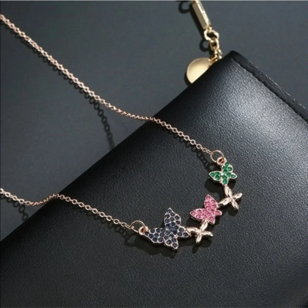 Rainbow Crystal Butterfly Necklace Gold Tone Dainty Charm Y2K Fairycore Jewelry